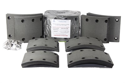 Рем. комплект тормозных накладок а/м КАМАЗ-53229, 53215 4 длинные+ 4 короткие (Сверл./расточенные/с заклёпками/ширина 140мм./ к-т 8 шт. толст.+тон.) Тамбов АТИ 53229-3501105К