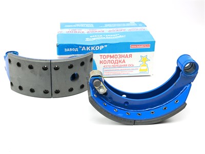 Колодка барабанного тормоза а/м МАЗ-4370 Зубрёнок (комплект 2 шт.=4370-3501090 + 4370-3501091 в сборе с роликом/ на колесо/ на переднюю ось/ ширина 120 мм.) АККОР 4370-3501090/91 (К-Т)